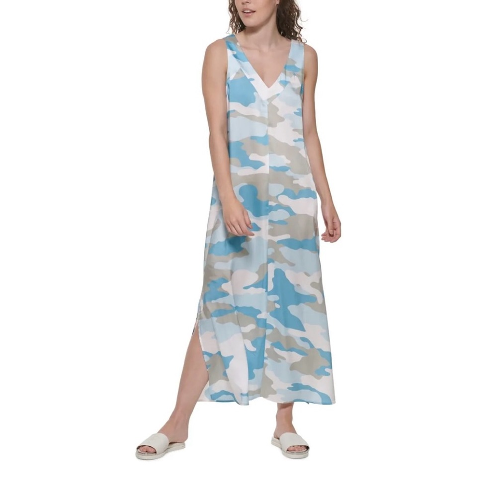 DKNY Womens White Slitted Printed Sleeveless V Neck Maxi Shift Dress S